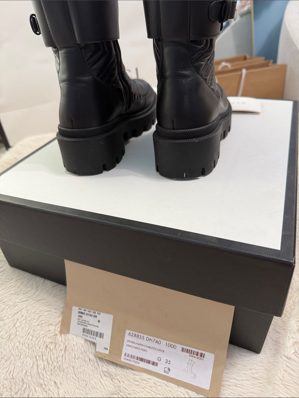 Gucci Black Quilted Leather Lace-Up Combat Boots - Picture 8 of 8